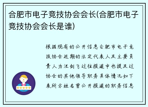 合肥市电子竞技协会会长(合肥市电子竞技协会会长是谁)